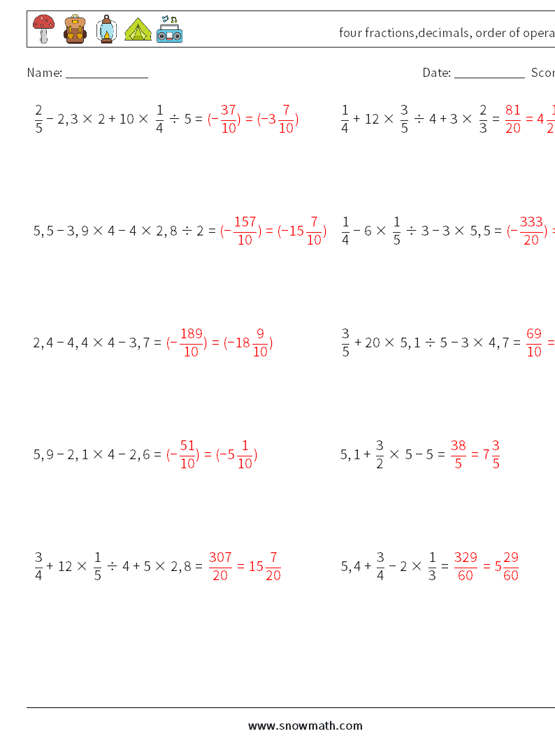 four fractions,decimals, order of operations Math Worksheets 1 Question, Answer