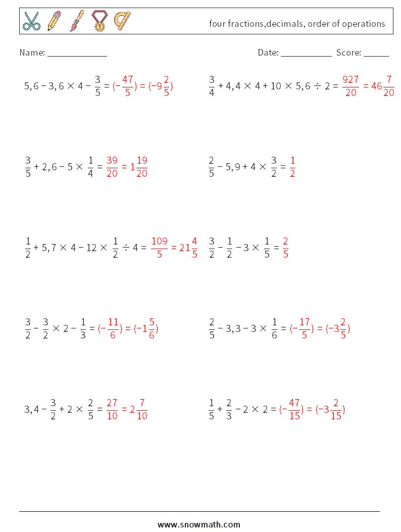 four fractions,decimals, order of operations Math Worksheets 2 Question, Answer