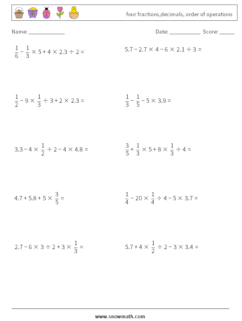 four fractions,decimals, order of operations Math Worksheets 3