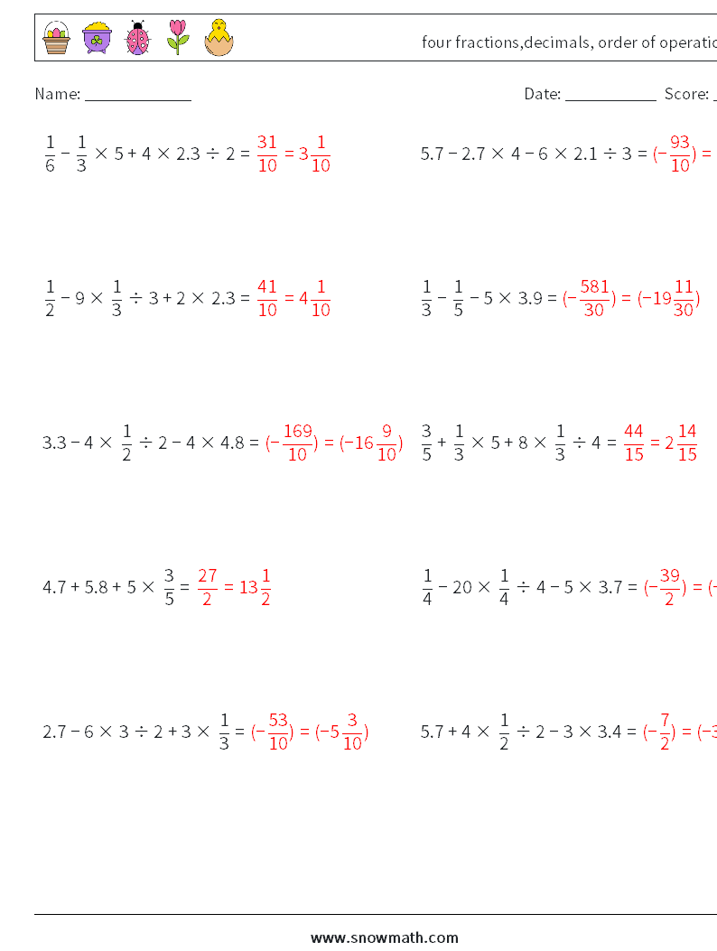 four fractions,decimals, order of operations Math Worksheets 3 Question, Answer