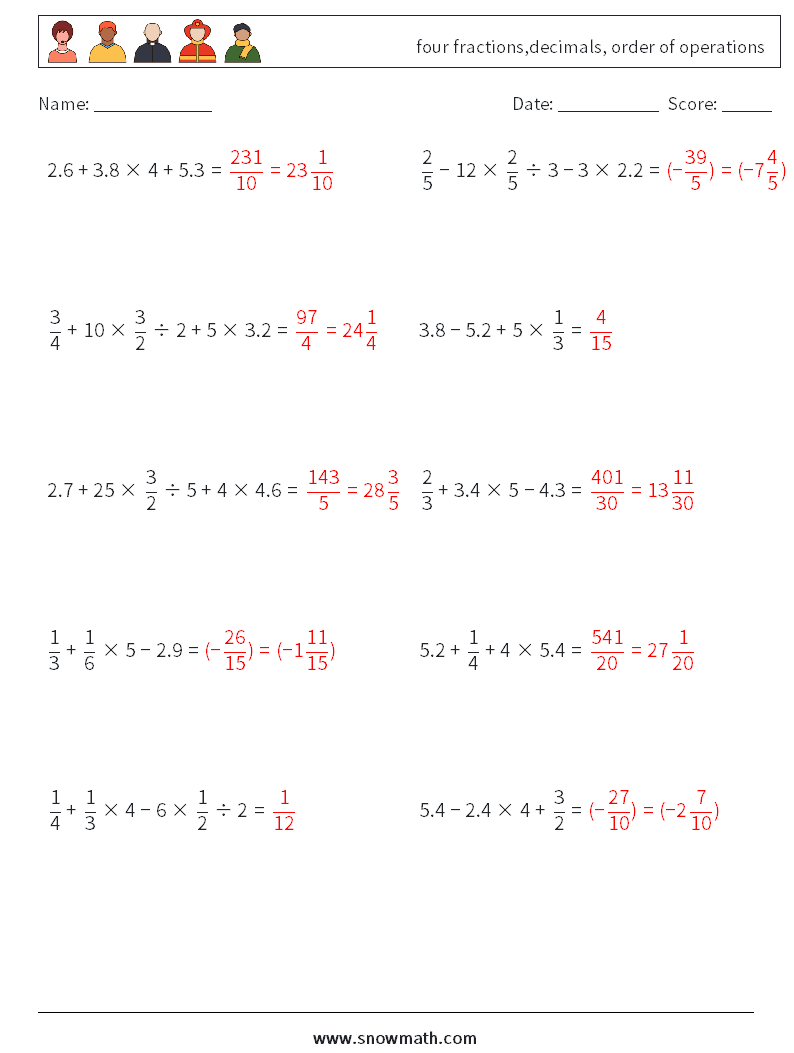 four fractions,decimals, order of operations Math Worksheets 4 Question, Answer