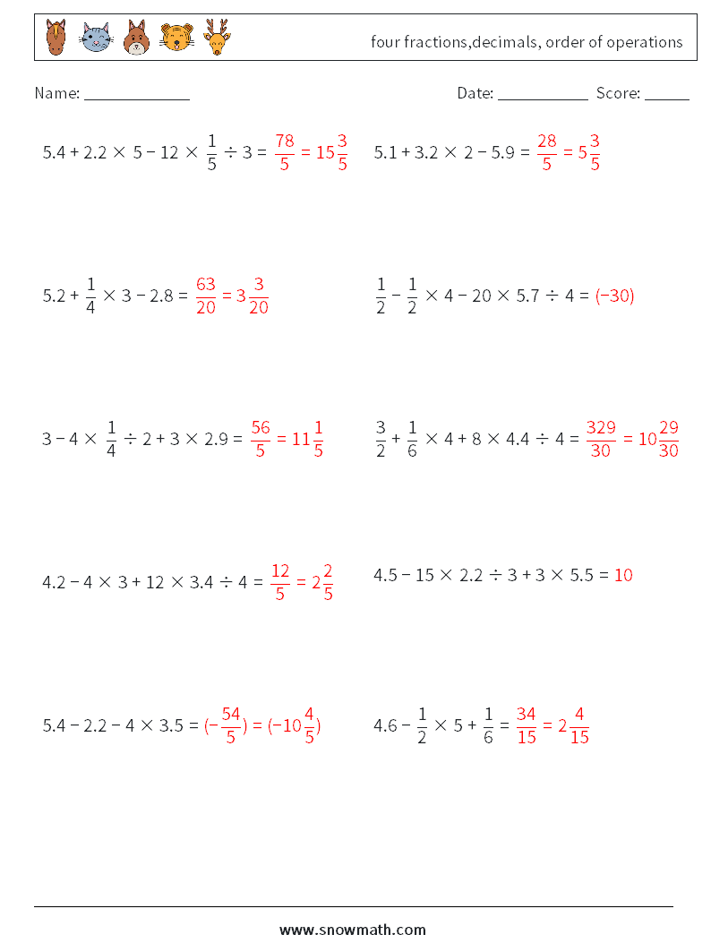 four fractions,decimals, order of operations Math Worksheets 5 Question, Answer