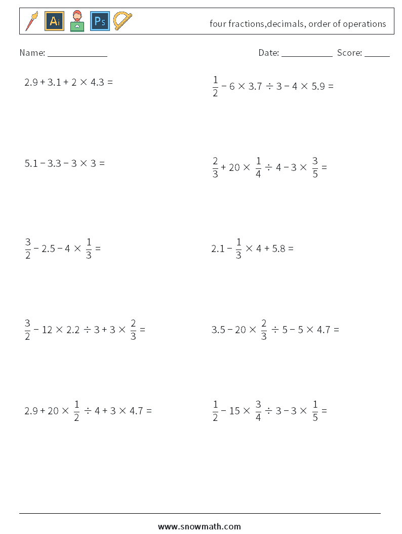 four fractions,decimals, order of operations Math Worksheets 6