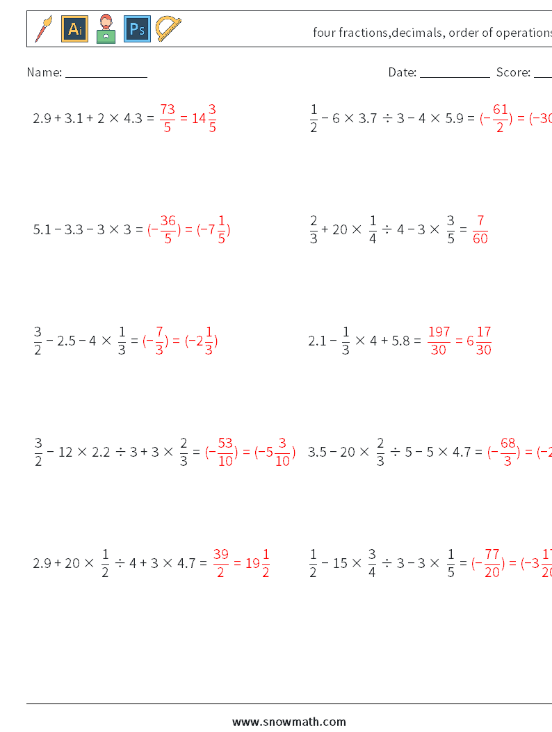 four fractions,decimals, order of operations Math Worksheets 6 Question, Answer