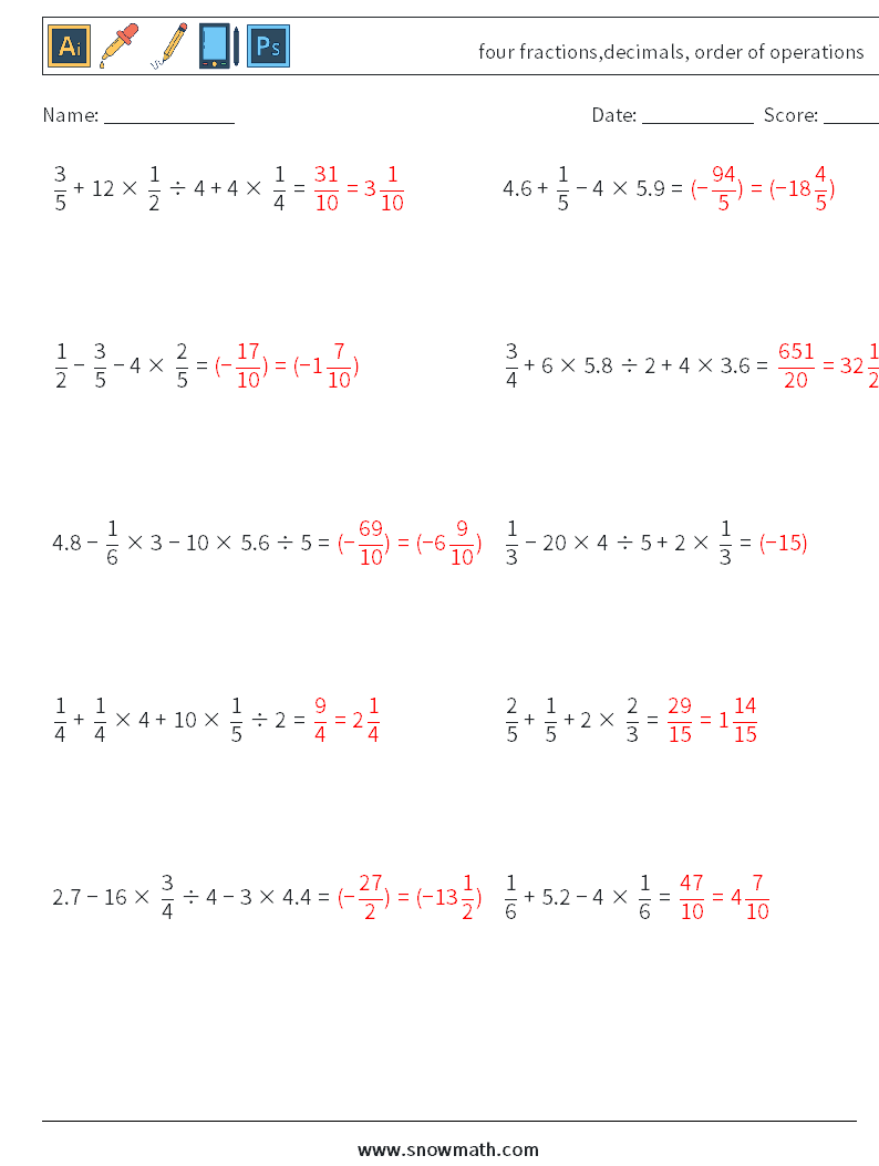 four fractions,decimals, order of operations Math Worksheets 7 Question, Answer