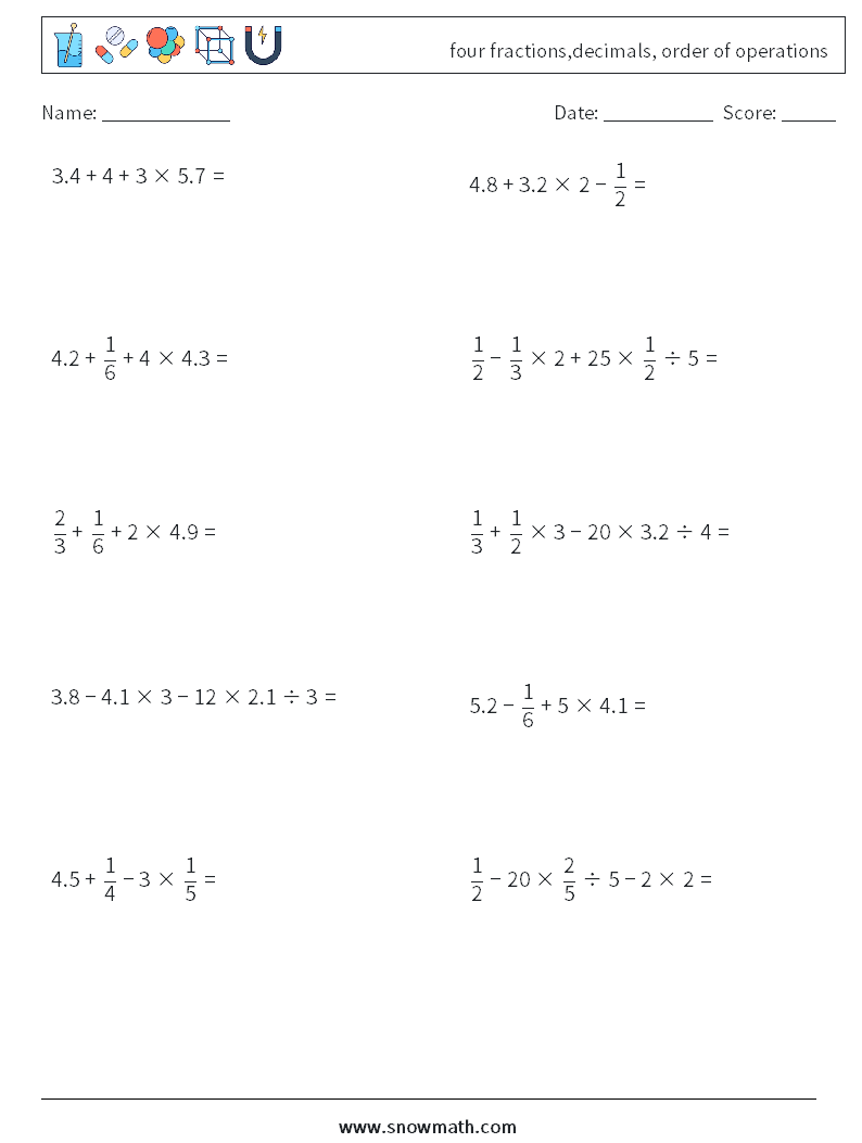 four fractions,decimals, order of operations Math Worksheets 8