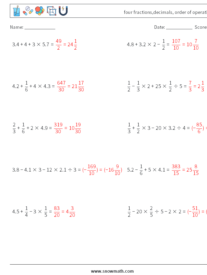 four fractions,decimals, order of operations Math Worksheets 8 Question, Answer