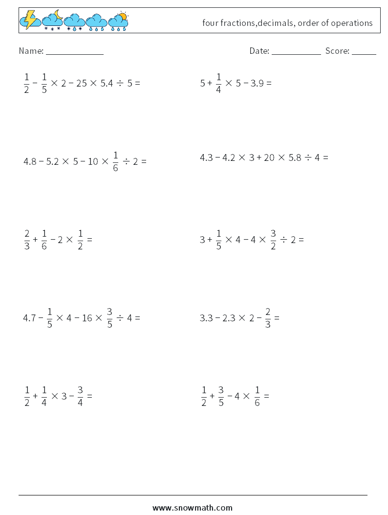 four fractions,decimals, order of operations Math Worksheets 9