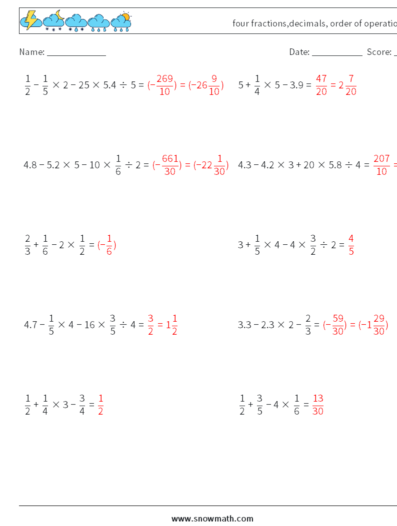 four fractions,decimals, order of operations Math Worksheets 9 Question, Answer