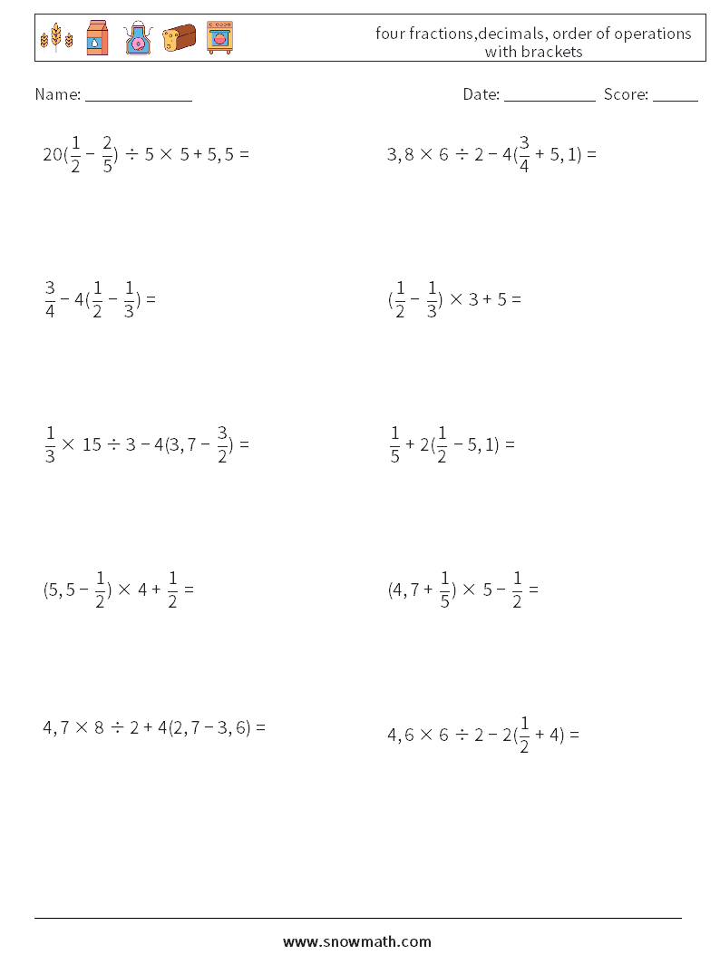 four fractions,decimals, order of operations with brackets Maths Worksheets 1