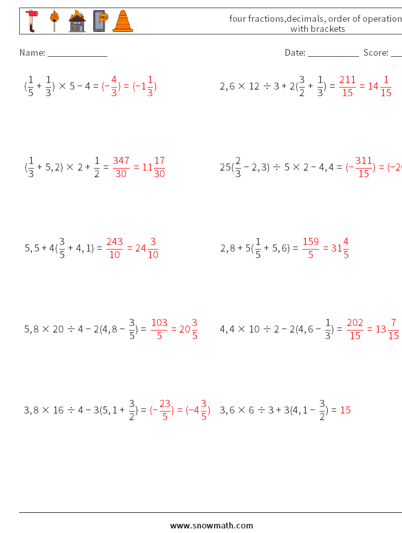 four fractions,decimals, order of operations with brackets Math Worksheets 10 Question, Answer