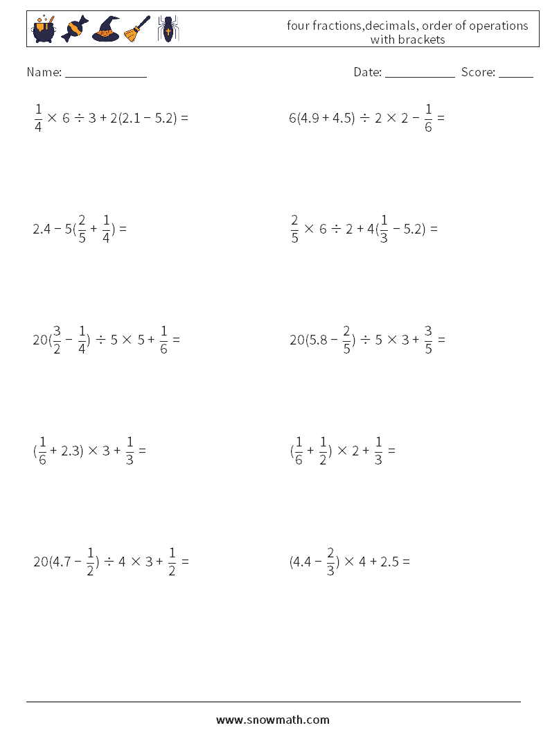 four fractions,decimals, order of operations with brackets Math Worksheets 11