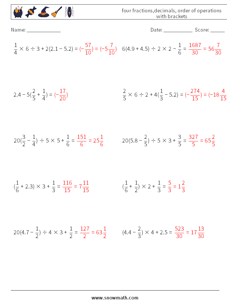 four fractions,decimals, order of operations with brackets Math Worksheets 11 Question, Answer