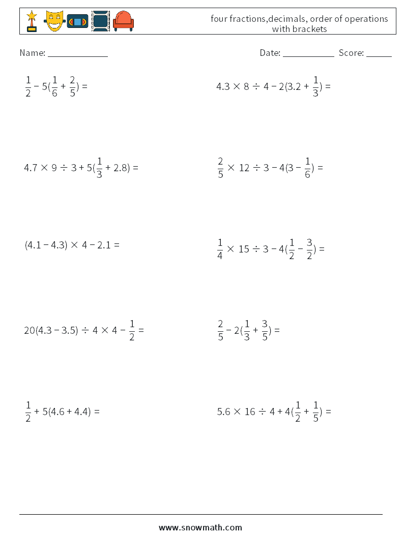 four fractions,decimals, order of operations with brackets Maths Worksheets 13