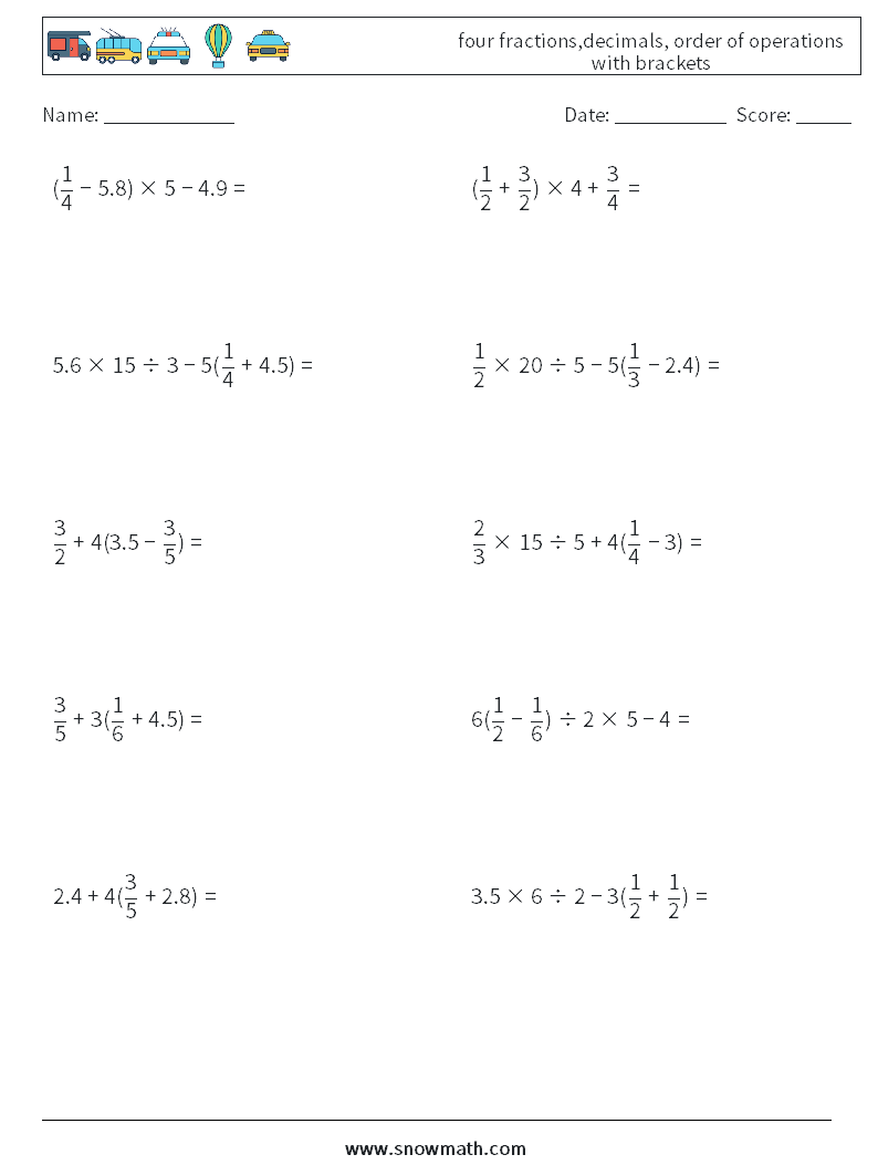 four fractions,decimals, order of operations with brackets Math Worksheets 14