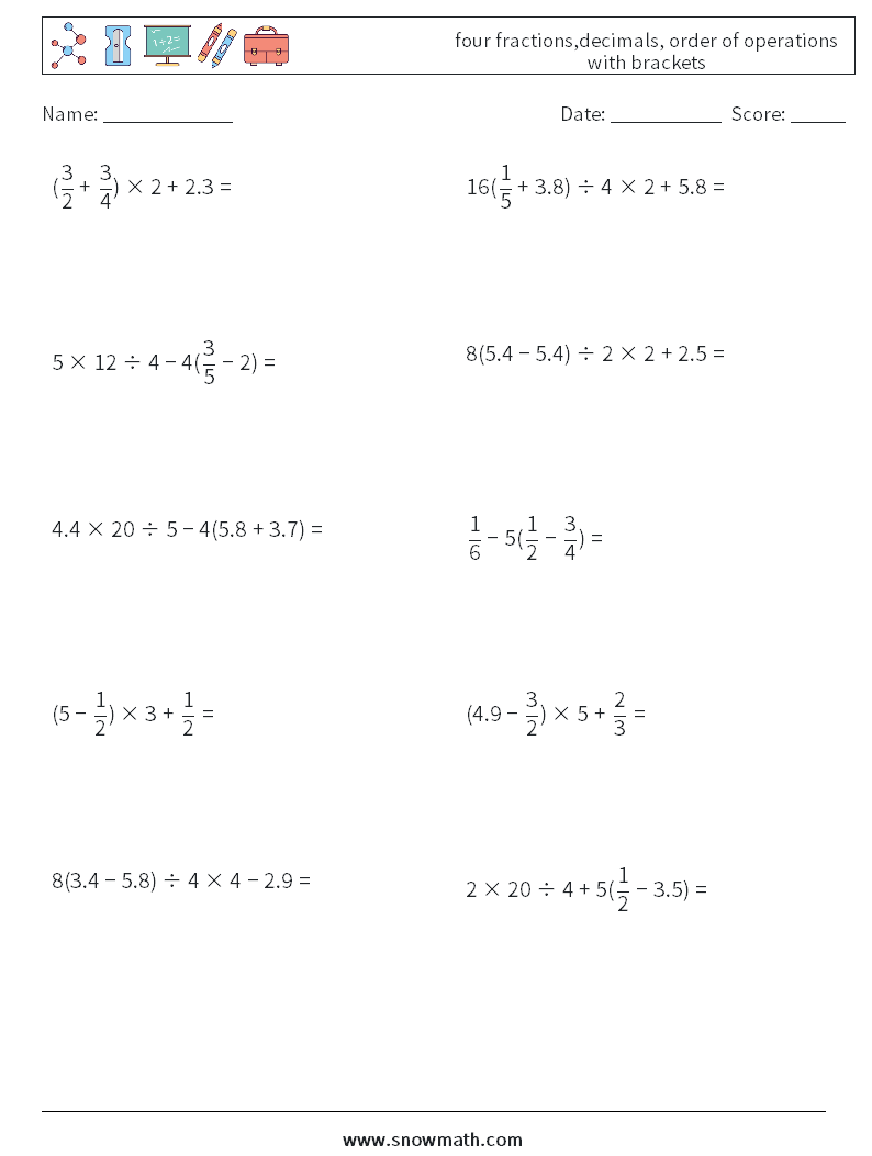 four fractions,decimals, order of operations with brackets Maths Worksheets 15