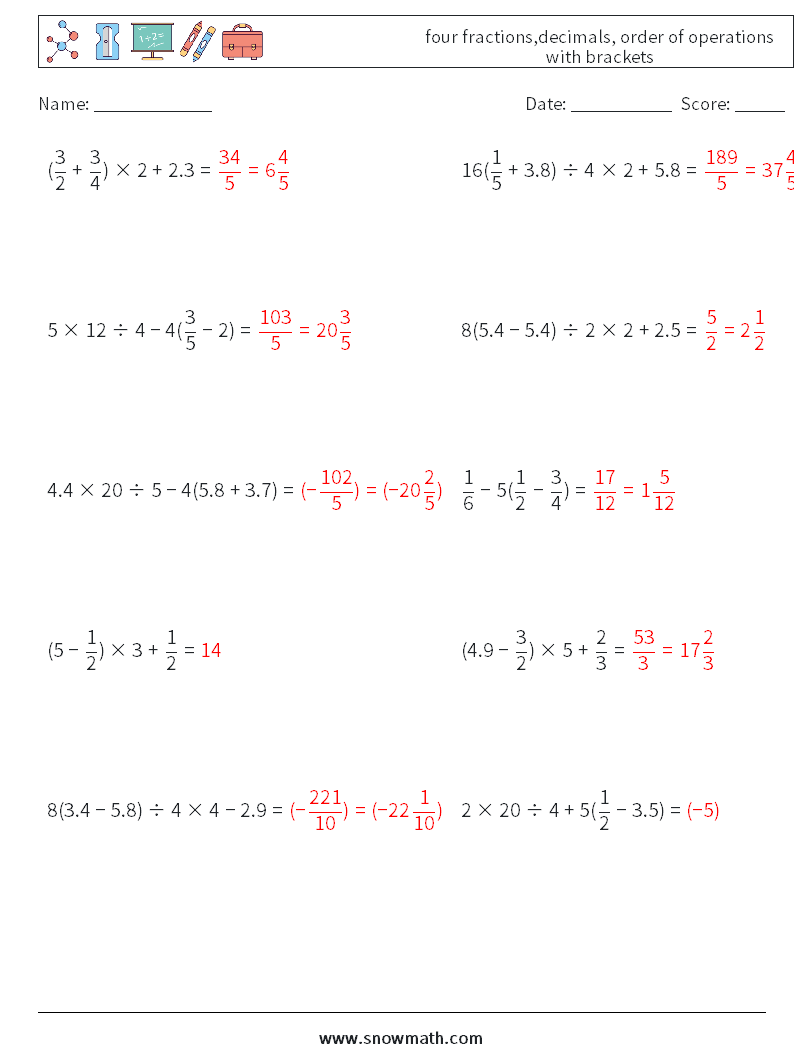 four fractions,decimals, order of operations with brackets Math Worksheets 15 Question, Answer