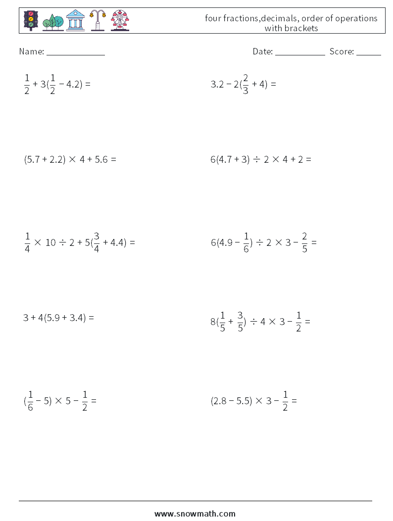 four fractions,decimals, order of operations with brackets Math Worksheets 16