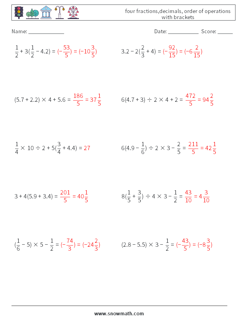 four fractions,decimals, order of operations with brackets Math Worksheets 16 Question, Answer