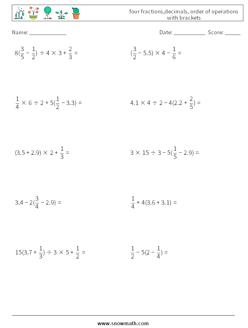 four fractions,decimals, order of operations with brackets Math Worksheets 17