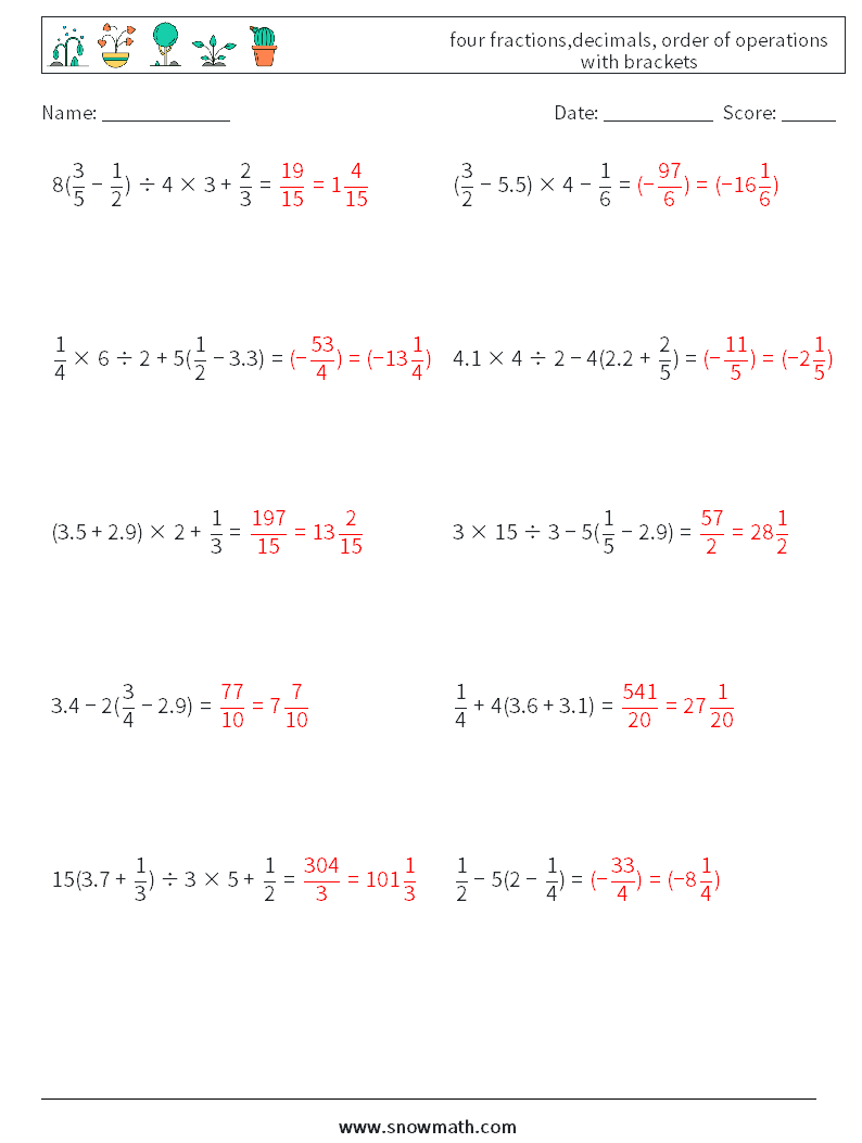 four fractions,decimals, order of operations with brackets Math Worksheets 17 Question, Answer