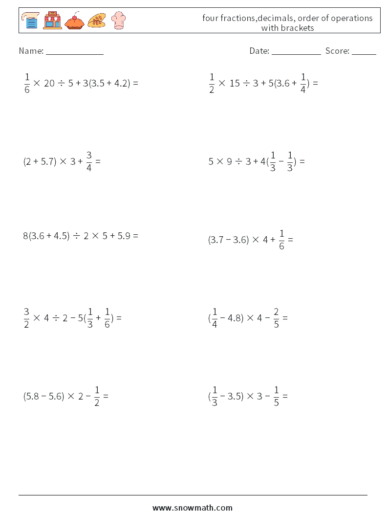 four fractions,decimals, order of operations with brackets Maths Worksheets 18