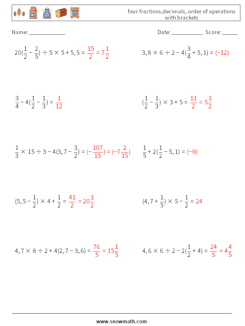 four fractions,decimals, order of operations with brackets Math Worksheets 1 Question, Answer