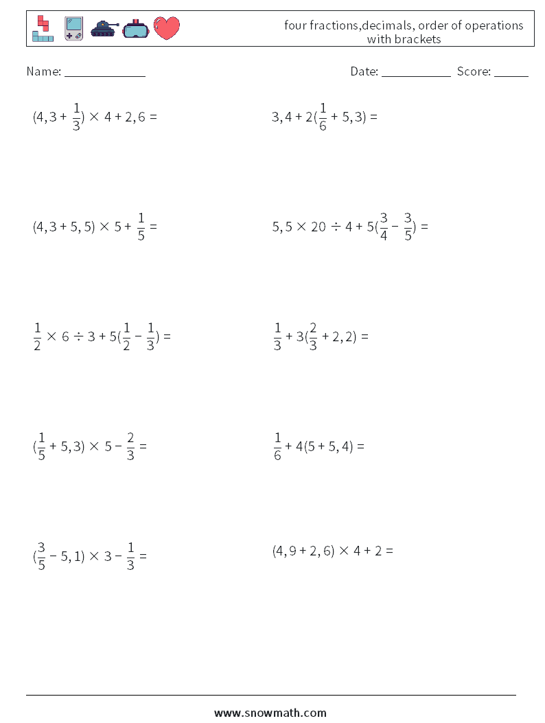 four fractions,decimals, order of operations with brackets Maths Worksheets 2