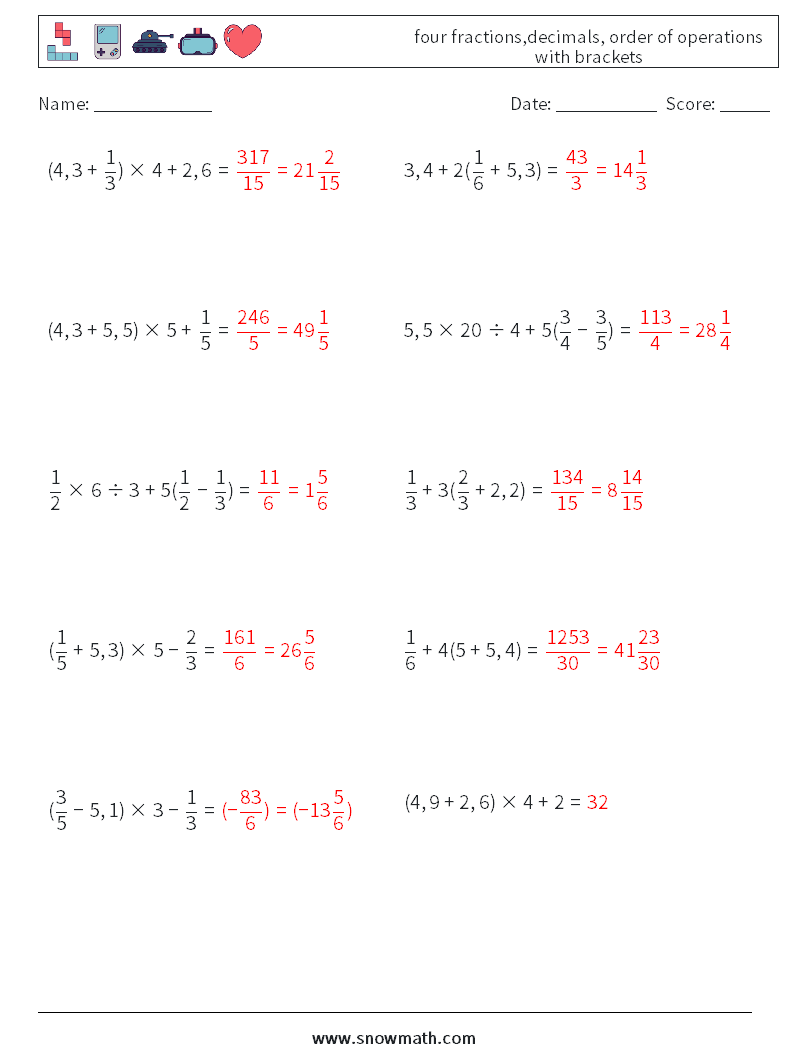 four fractions,decimals, order of operations with brackets Math Worksheets 2 Question, Answer