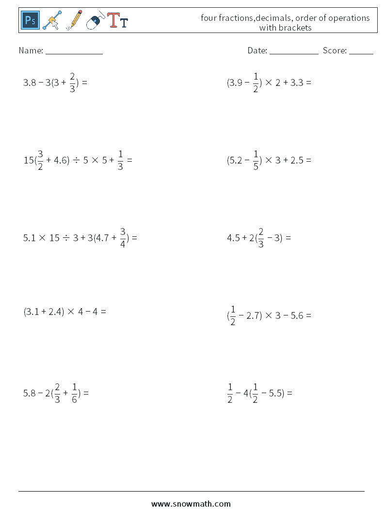 four fractions,decimals, order of operations with brackets Math Worksheets 3