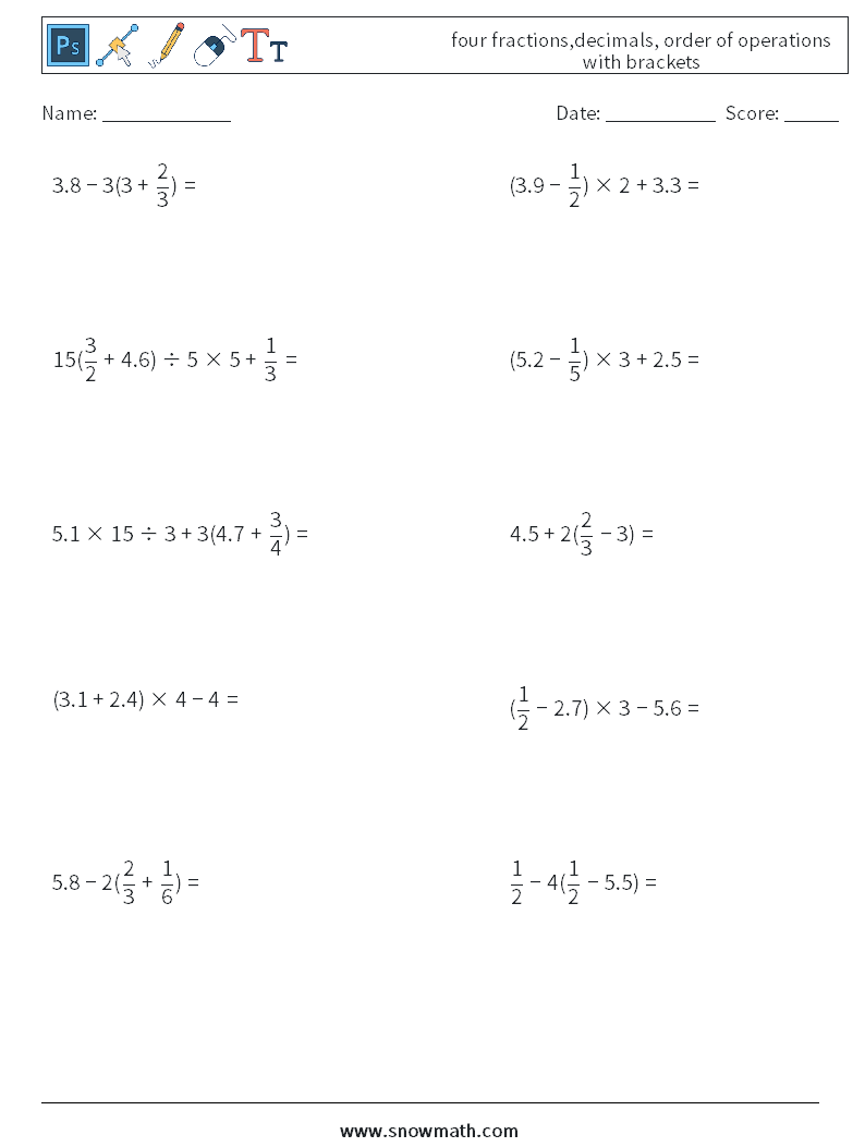 four fractions,decimals, order of operations with brackets Maths Worksheets 3