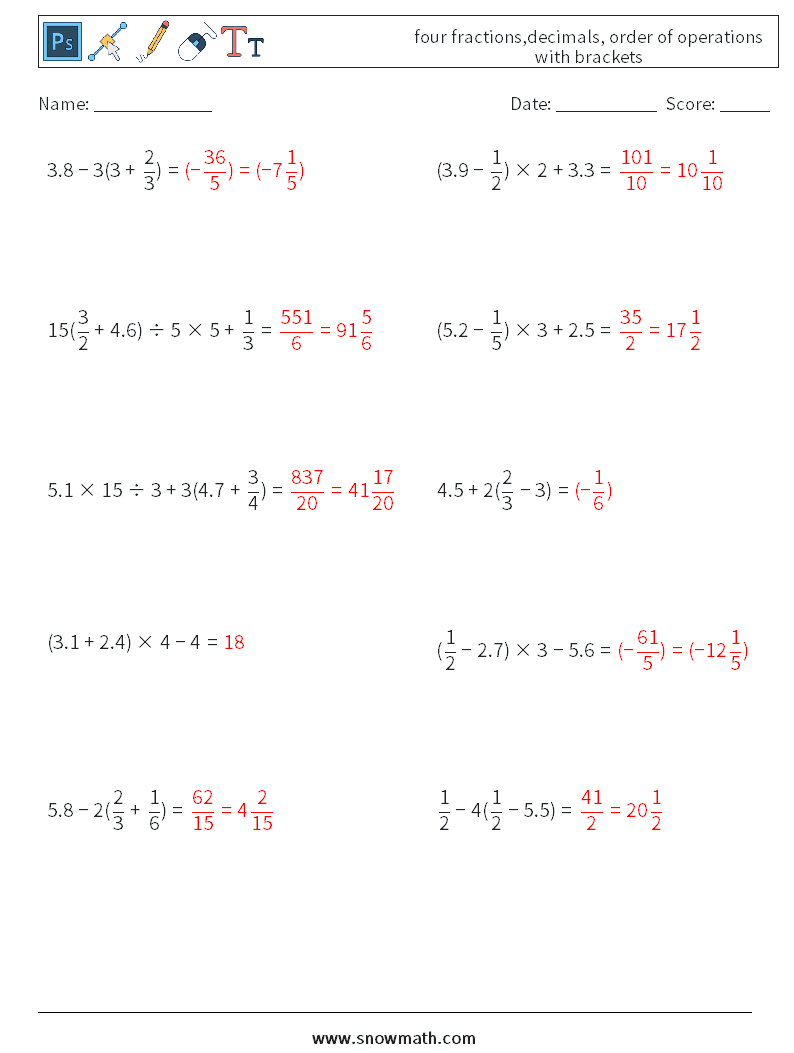 four fractions,decimals, order of operations with brackets Math Worksheets 3 Question, Answer