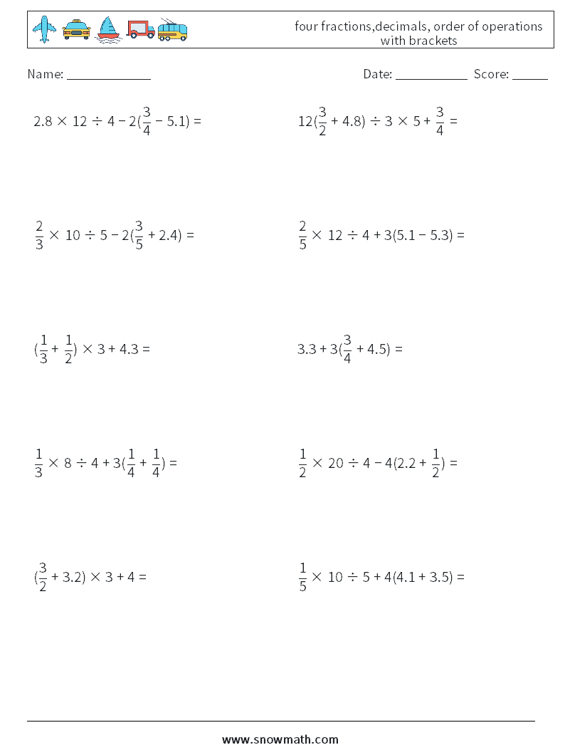 four fractions,decimals, order of operations with brackets Maths Worksheets 4