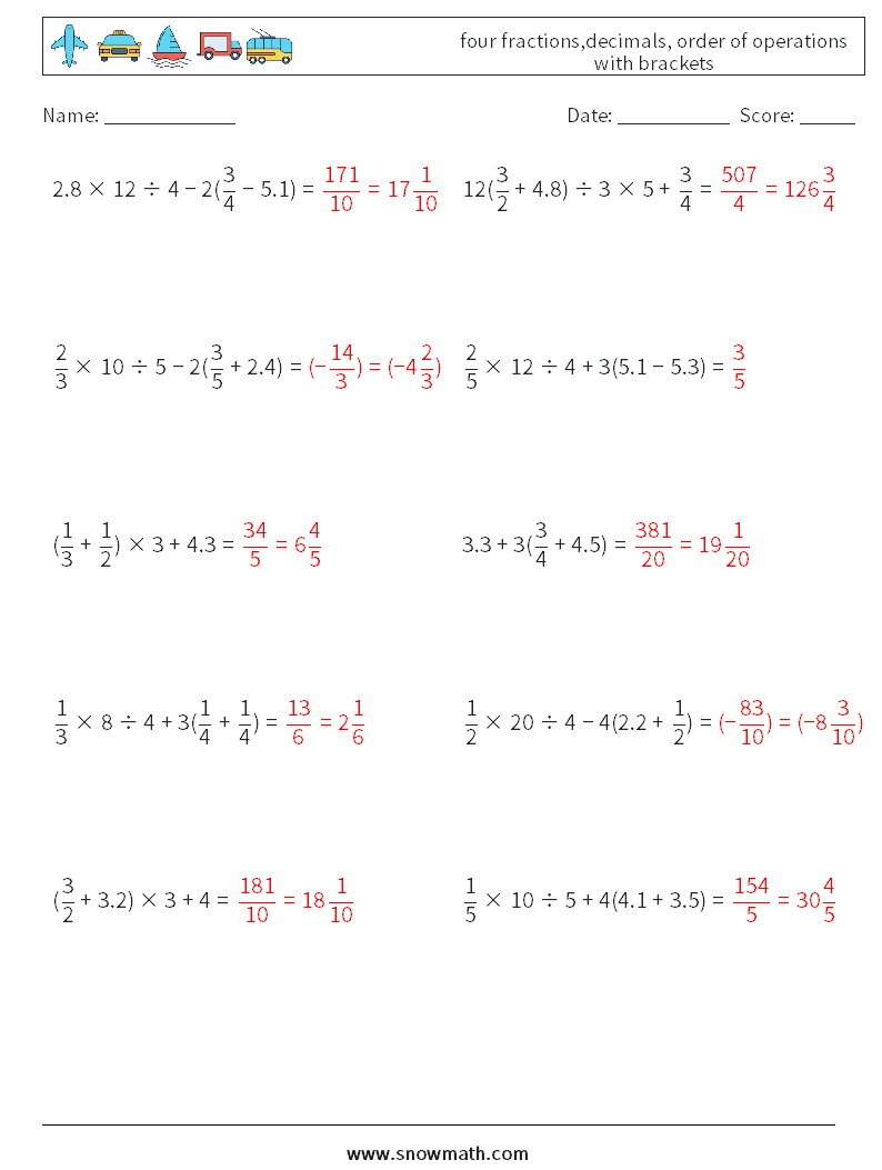 four fractions,decimals, order of operations with brackets Math Worksheets 4 Question, Answer