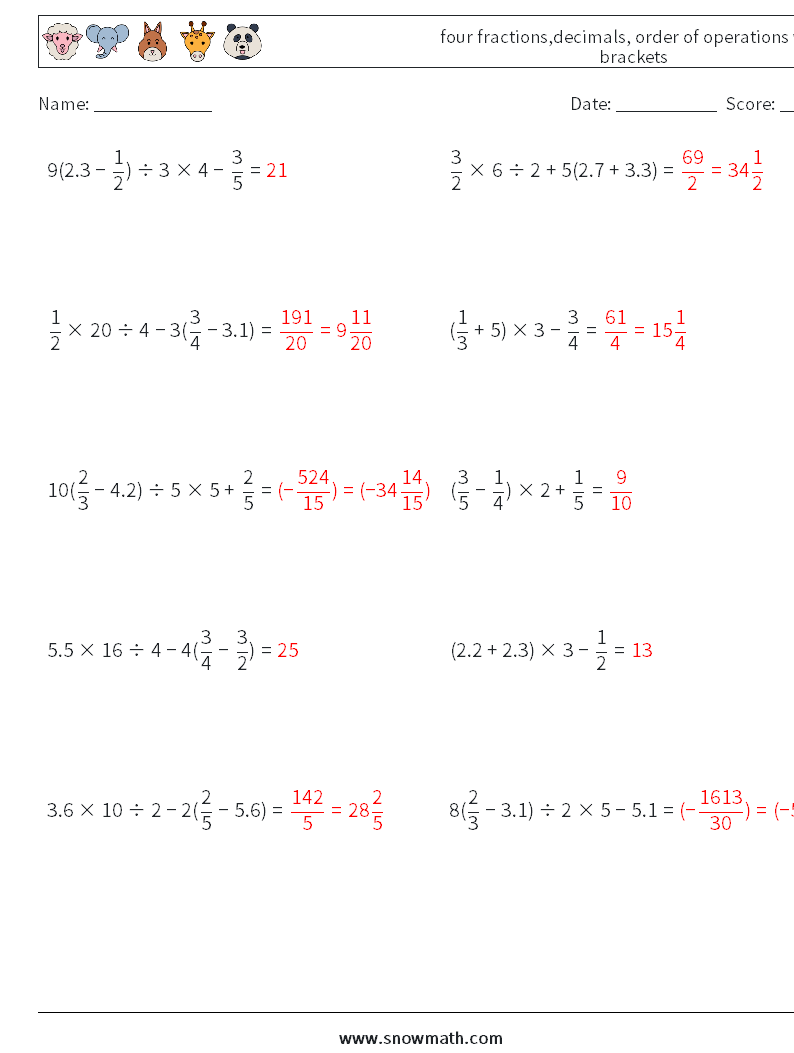 four fractions,decimals, order of operations with brackets Math Worksheets 5 Question, Answer