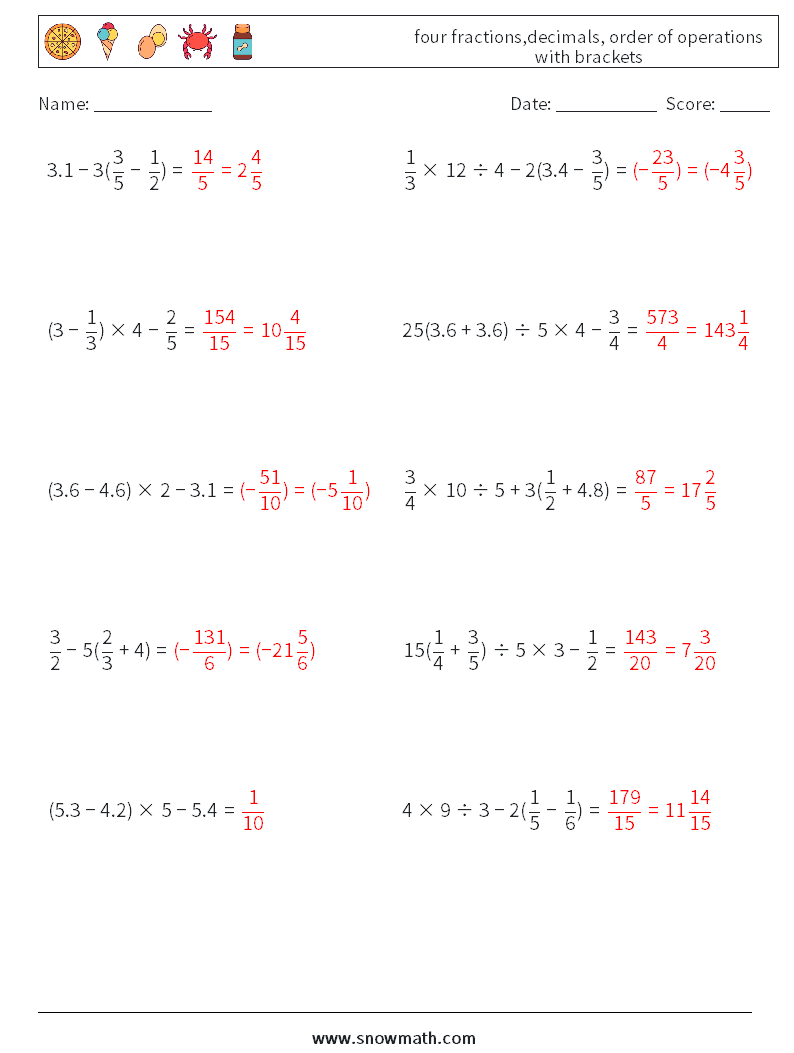 four fractions,decimals, order of operations with brackets Math Worksheets 6 Question, Answer
