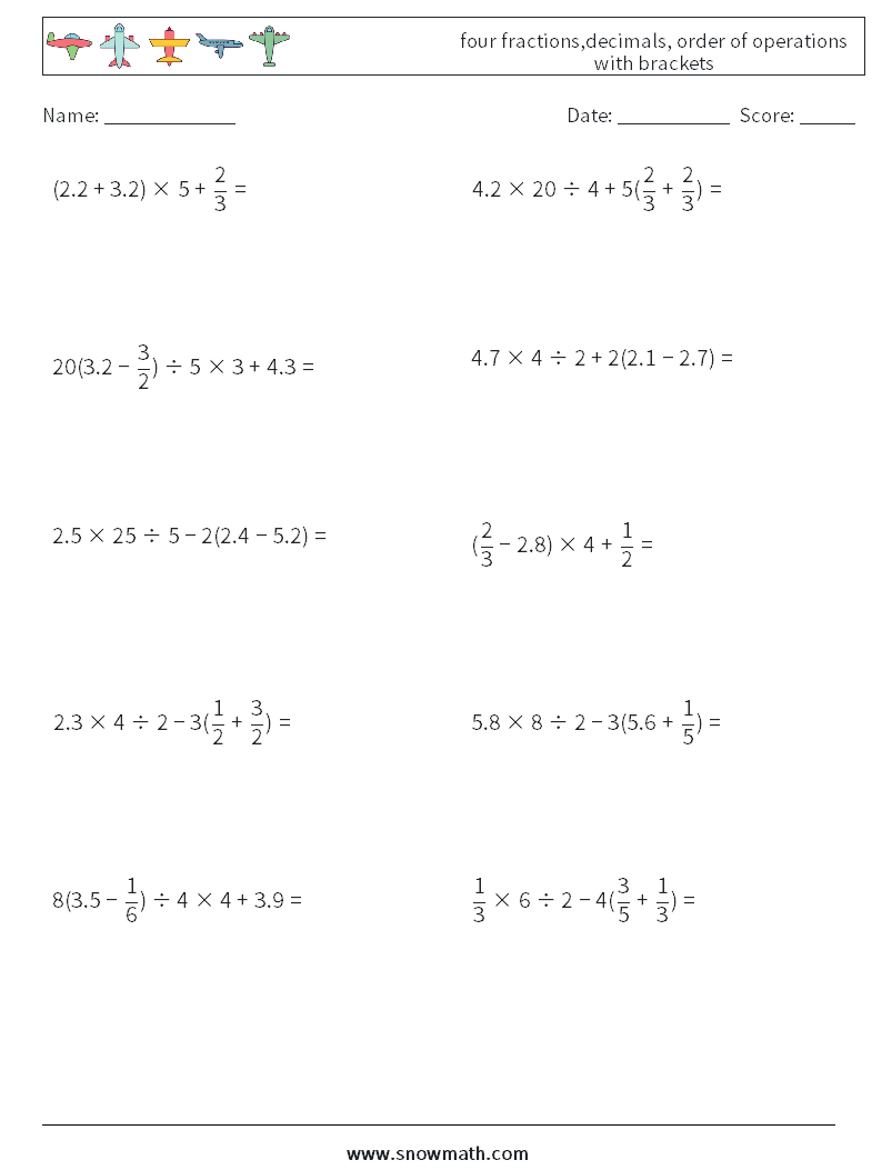 four fractions,decimals, order of operations with brackets Math Worksheets 7