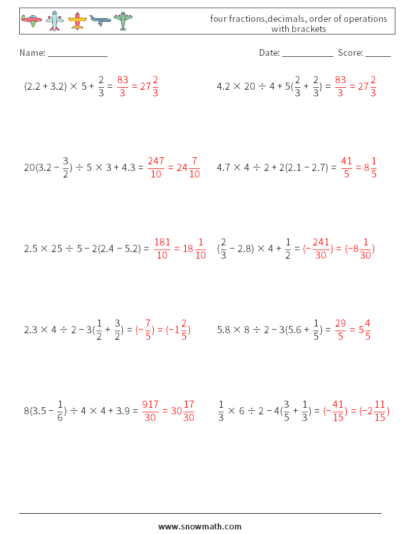 four fractions,decimals, order of operations with brackets Math Worksheets 7 Question, Answer