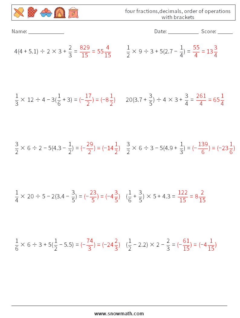 four fractions,decimals, order of operations with brackets Math Worksheets 8 Question, Answer