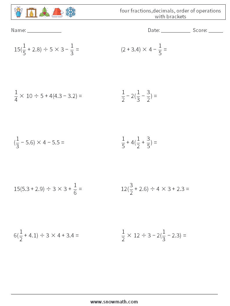 four fractions,decimals, order of operations with brackets Maths Worksheets 9