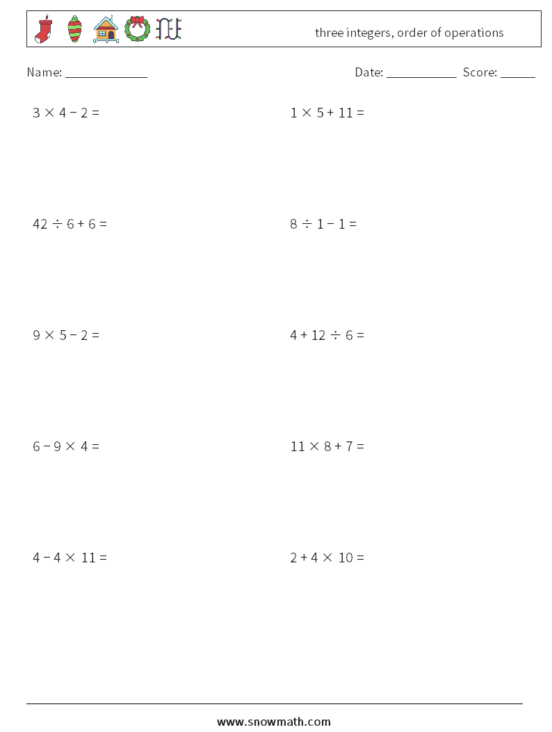 three integers, order of operations Math Worksheets 10