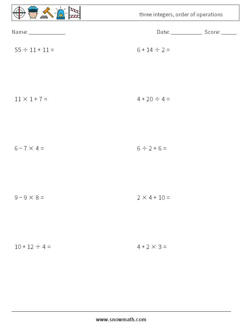 three integers, order of operations Math Worksheets 13