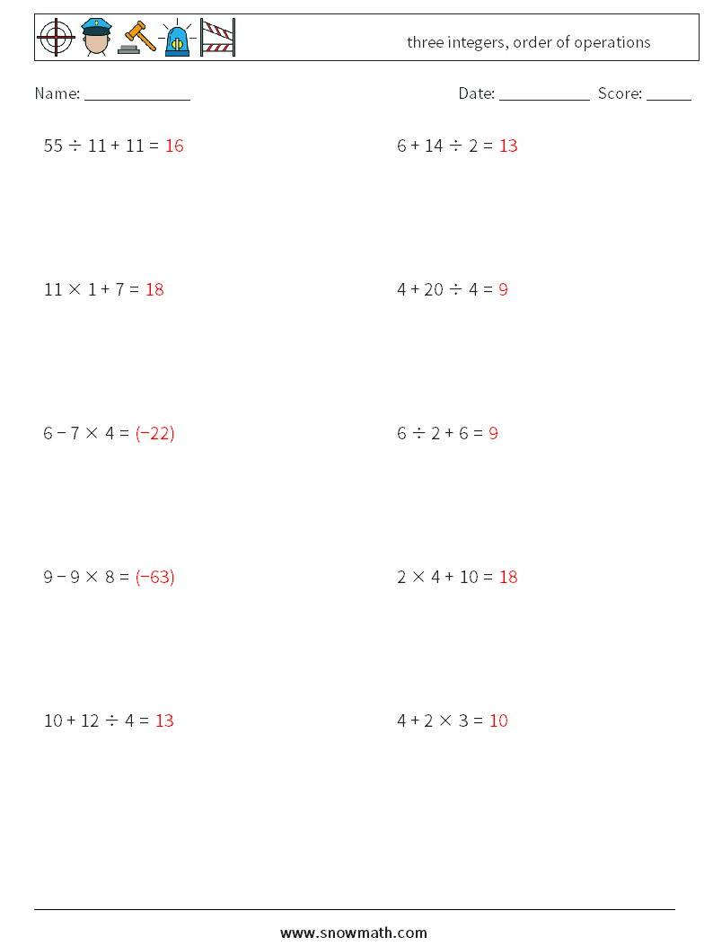 three integers, order of operations Math Worksheets 13 Question, Answer