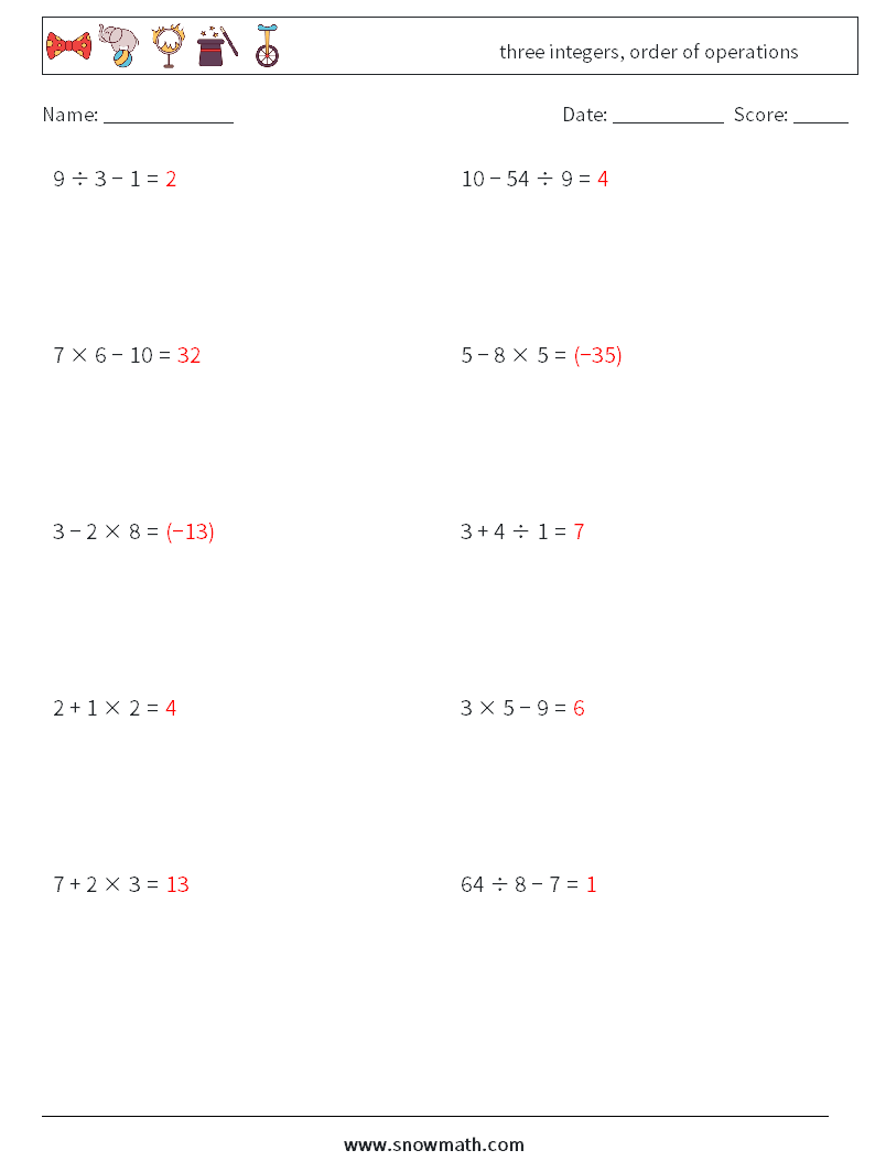 three integers, order of operations Math Worksheets 14 Question, Answer