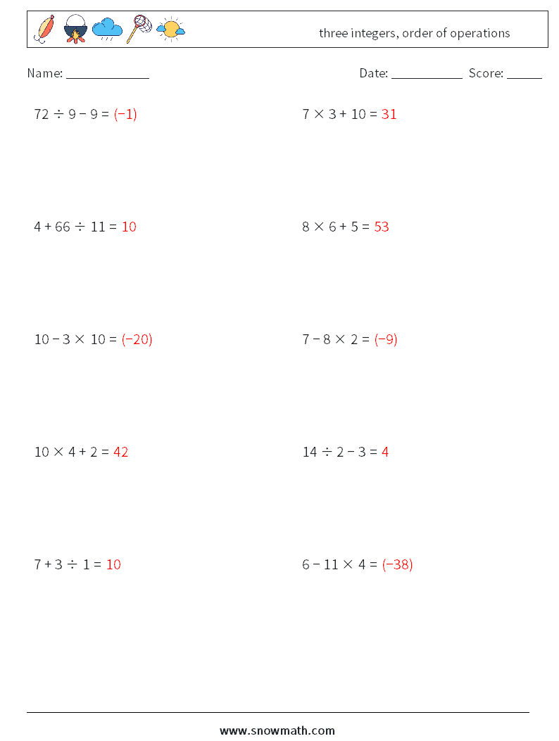 three integers, order of operations Math Worksheets 15 Question, Answer