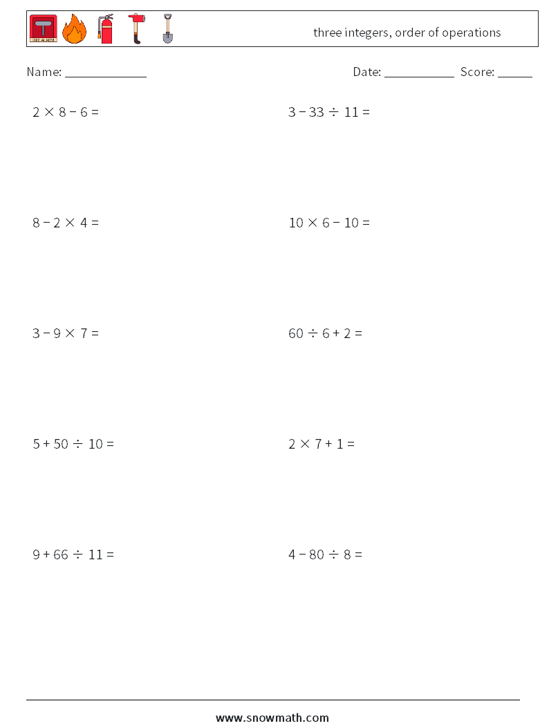 three integers, order of operations Maths Worksheets 16