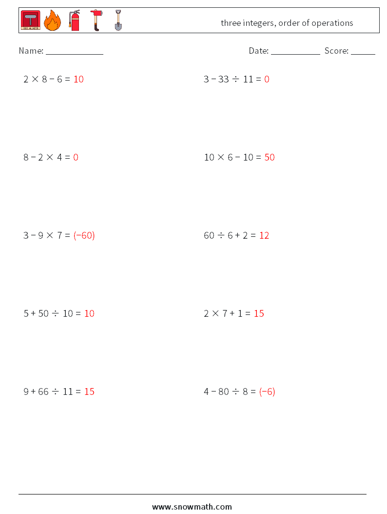 three integers, order of operations Math Worksheets 16 Question, Answer