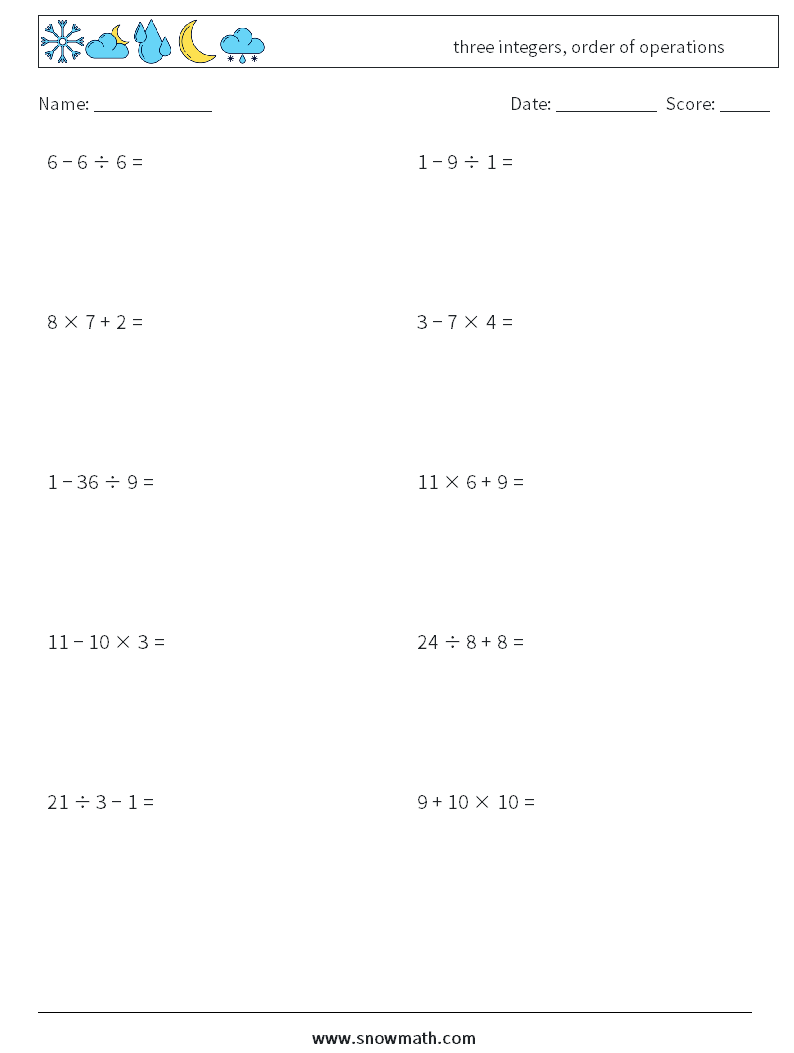 three integers, order of operations Math Worksheets 17