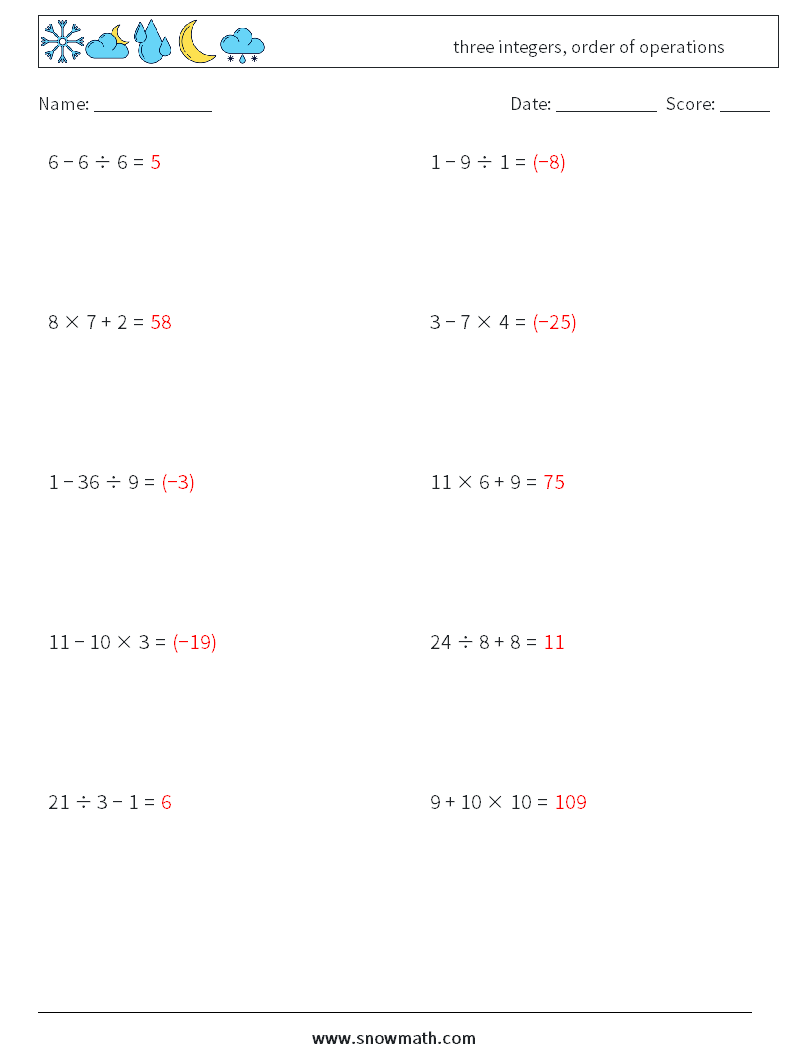 three integers, order of operations Math Worksheets 17 Question, Answer