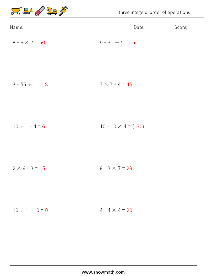 three integers, order of operations Math Worksheets 18 Question, Answer